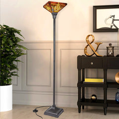 Capulina Tiffany Lamp Stained Glass Torchiere Floor Lamp, 12x12x70 Inches Industrial Blackish Bronze Pole Amber Brown Antique Tiffany Style Torch Standing Lamp for Living Room Bedroom Home Office