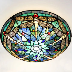 Tiffany Ceiling Lights, Stained Glass Ceiling Light 3-Lights 16 Inch Tiffany Flush Mount Ceiling Light Fixture for Bedroom Dining Living Room Entryway Foyer(Blue Dragonfly)