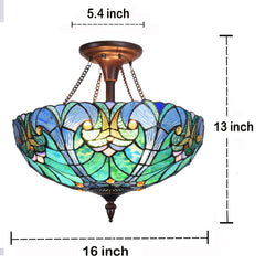Cotoss Tiffany Style Ceiling Light Fixtures 16” Wide Stained Glass Lamp Shade 2-Light Classical Victorian Style Semi Flush Mount Ceiling Light for Hallway Bedroom Kitchen