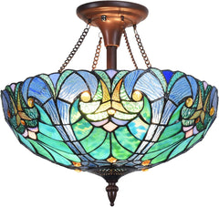 Cotoss Tiffany Style Ceiling Light Fixtures 16” Wide Stained Glass Lamp Shade 2-Light Classical Victorian Style Semi Flush Mount Ceiling Light for Hallway Bedroom Kitchen