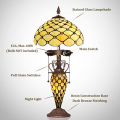Thatyears Tiffany Lamp, White Beads Style Stained Glass Table Lamp 12X12X23 Inches Mother-Daughter Vase Desk Reading Lamp Decor Bedroom Living Room Home Office