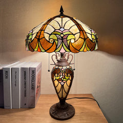 COTOSS Tiffany Table Lamp with NightLight 16 Wide Stained Glass Table Light 24 inch Tall Amber Cream Victorian Style 3 Lights Vintage Desk Lamp for Living Room Bedroom Office