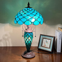 Thatyears Tiffany Table Lamp, Seagrass Blue Beads Style Stained Glass Table Lamp 12X12X23 Inches Mother-Daughter Vase Desk Lamp Decor for Bedroom Living Room Home Office