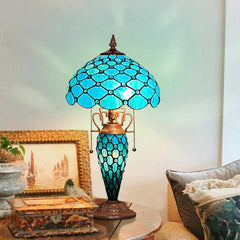 Thatyears Tiffany Table Lamp, Seagrass Blue Beads Style Stained Glass Table Lamp 12X12X23 Inches Mother-Daughter Vase Desk Lamp Decor for Bedroom Living Room Home Office