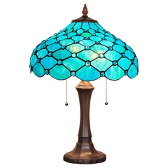 Thatyears Tiffany Table Lamp Seagrass Blue Beads Style Stained Glass Desk Lamp 16X16X24 Inches Vintage Style Desk Reading Light Decor for Bedroom Living Room Home Office