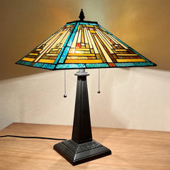 COTOSS Tiffany Table Lamps 16 Wide Handmade Stained Glass Desk Lamp for Reading 2 Lights Green Mission Style Antique Table Light for Living Room Bedroom Office