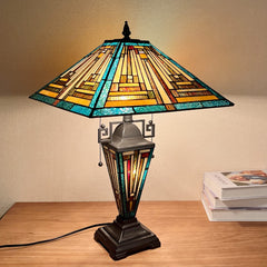 COTOSS Tiffany Table Lamps with Nightlight 16 Wide Handmade Stained Glass Desk Lamp for Reading 3 Lights Green Mission Style Antique Table Light for Living Room Bedroom Office