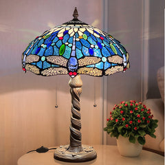 Capulina Tiffany Table Lamp, Sea Blue Dragonfly Antique Style Stained Glass Reading Desk Lamp 16x16x24 Inches for Home Office Living Room Bedrooms Study