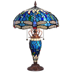 Capulina Tiffany Lamp, Stained Glass Table Lamp 16X16X24 Inches Sea Blue Dragonfly Style Reading Desk Light for Living Room Bedrooms Study Home Office
