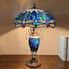 Capulina Tiffany Lamp, Stained Glass Table Lamp 16X16X24 Inches Sea Blue Dragonfly Style Reading Desk Light for Living Room Bedrooms Study Home Office