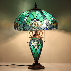 COTOSS Tiffany Table Lamp with Night Light 16 inch Large Stained Glass Table Light Victorian Style Sea Green Antique 3 Light Desk Lamp for Living Room Bedroom Office