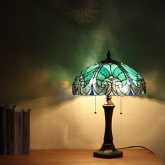 COTOSS Tiffany Table Lamp Sea Green Stained Glass Table Light Antique Style 16 inch Large Desk Lamp 2 Light Victorian Vintage Beside Reading Lamp for Living Room Bedroom Office