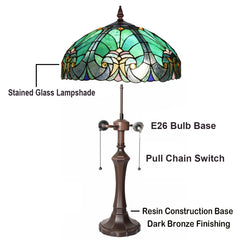 COTOSS Tiffany Table Lamp Sea Green Stained Glass Table Light Antique Style 16 inch Large Desk Lamp 2 Light Victorian Vintage Beside Reading Lamp for Living Room Bedroom Office