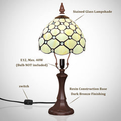 Thatyears Tiffany Lamp, White Beads Style Stained Glass Table Lamp 8X8X16 Inches Vintage Style Desk Reading Light Decor for Bedroom Living Room Home Office