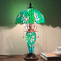 COTOSS Tiffany Lamp Green Wisteria Stained Glass Table Lamp 3-Lights