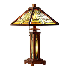 Capulina Tiffany Style Table Lamp 3-Light 15X15X26 Inches Mission Amber Brown Style Wood Base Desk Lamp with Night Light Decor for Living Room Bedroom Home Office