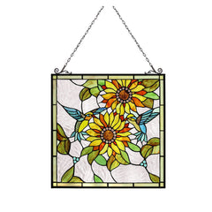 Capulina Sunflower and Birds Large Stained Glass  Window Hangings Tiffany Glass