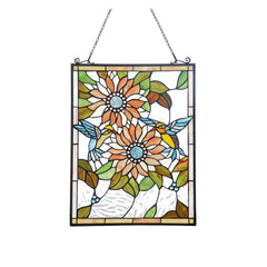 Capulina Sunflower Humming Bird Rectangle Stained Glass Window Tiffany Glass
