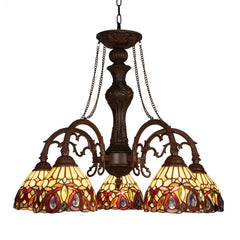 Capulina Tiffany Style Pendant Light Chandeliers 5-Light 26 Inches Wide Cream Brown Vintage Style Stained Glass Hangings Lamp for Dining Room Foyer Kitchen Island