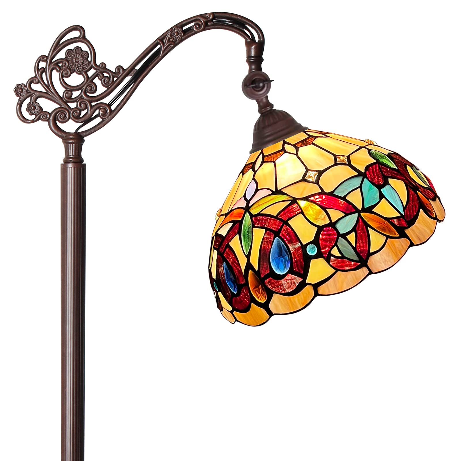 Capulina Tiffany Floor Lamp H62 Tall Inlaid Crystal Victorian Style Stained Glass Soft Light Arched Gooseneck Adjustable Angle Reading Lamp for Living Room Bedroom