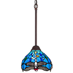 Capulina Tiffany Mini Pendant Light Victorian Rustic Style Blue Dragonfly Stained Glass