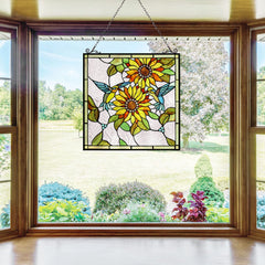 Capulina Sunflower and Birds Large Stained Glass  Window Hangings Tiffany Glass