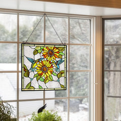 Capulina Sunflower and Birds Large Stained Glass  Window Hangings Tiffany Glass